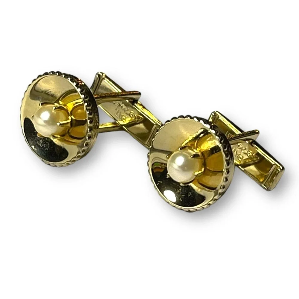Vintage Gold Tone Imitation Pearl Cufflinks Prong Set Bead Edge Locking